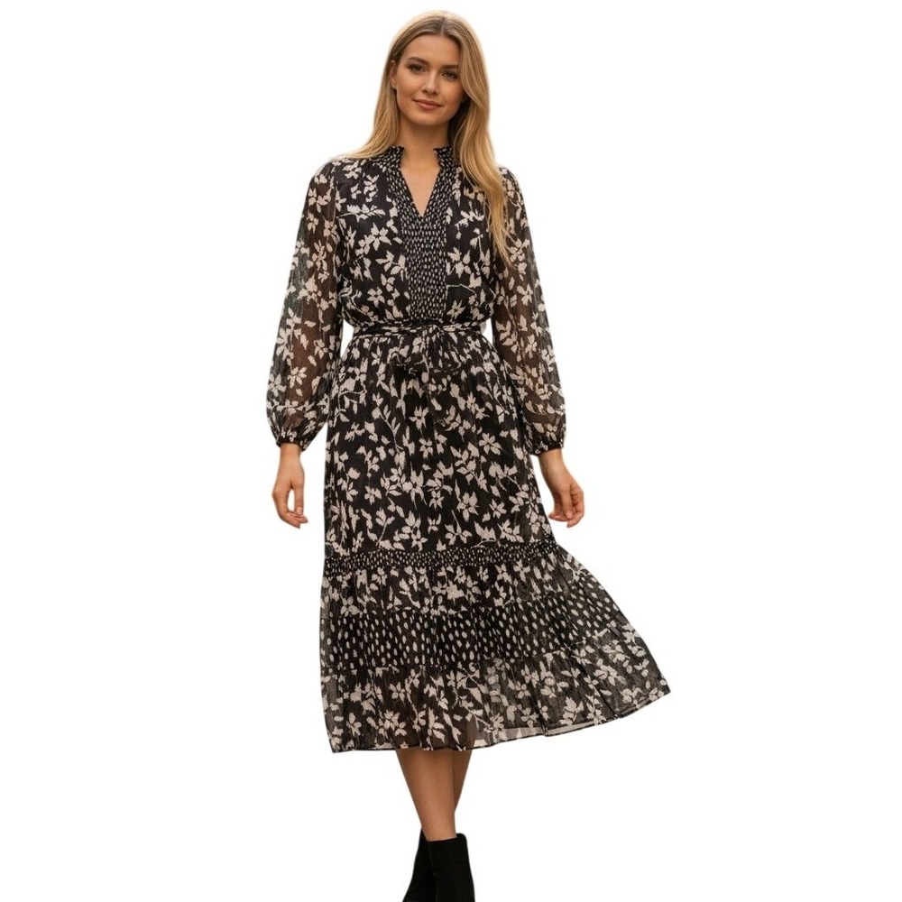Simply Vera Vera Wang Black White Floral Midi Dress Long Sleeve Tie Waist Small